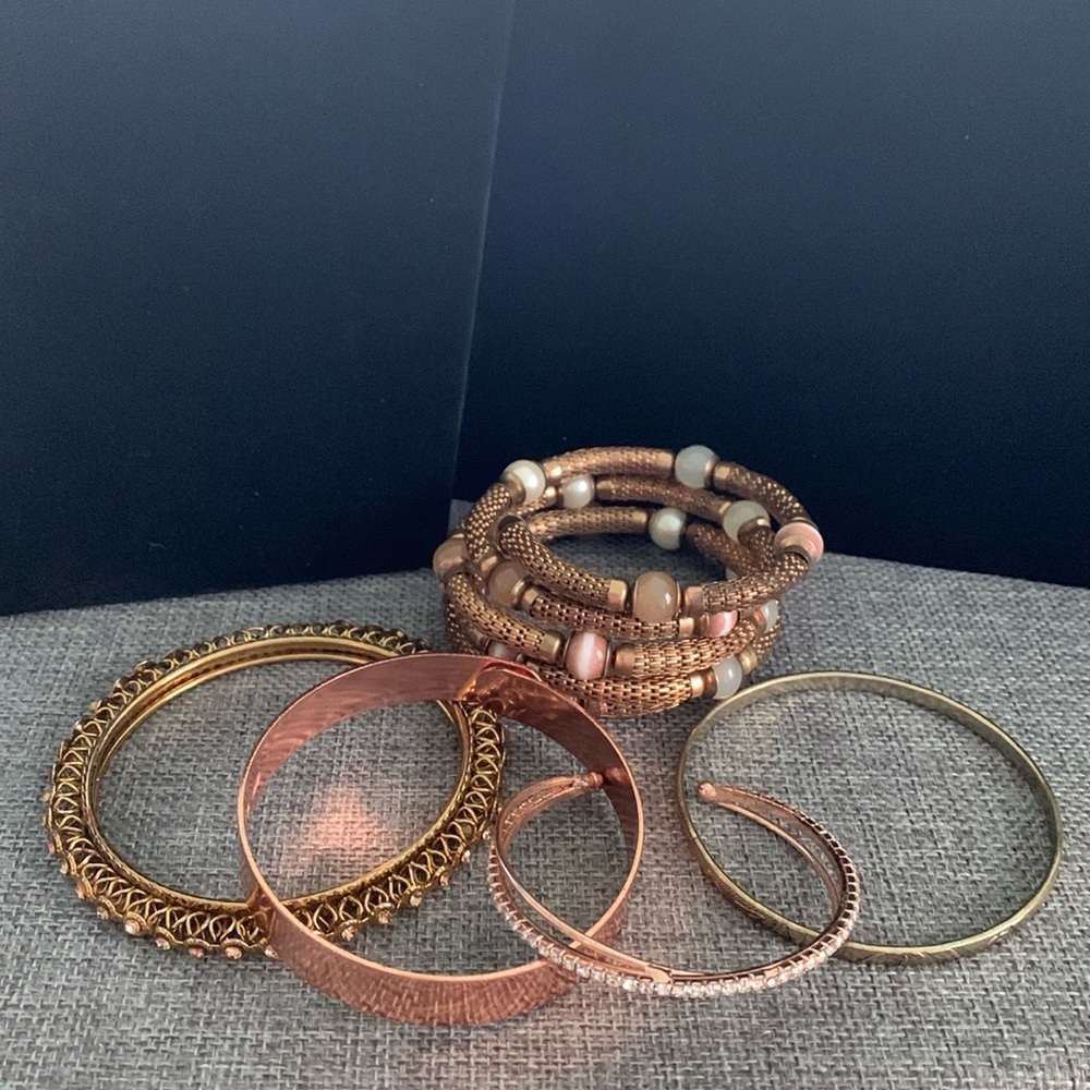 Five Gold/Copper Tone Bracelets Wrap Bangles Cuff 2.25” to 2.75”